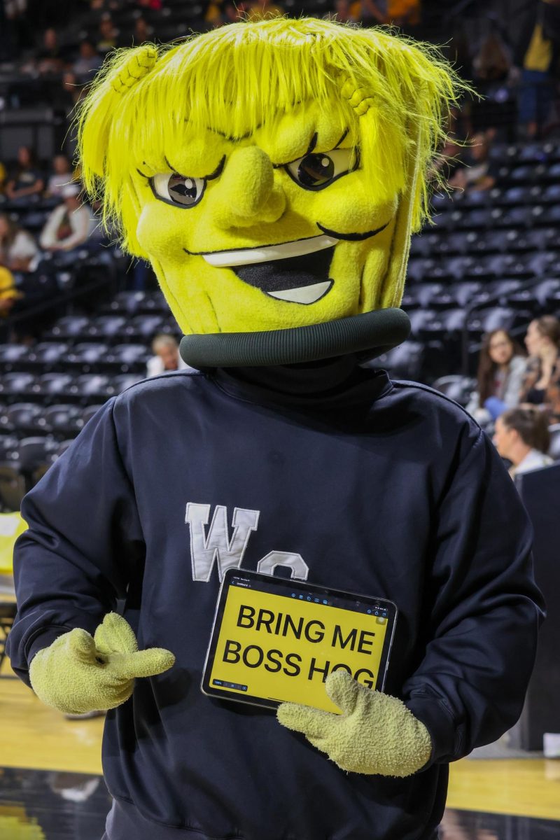 WuShock holds an iPad that reads "Bring Me Boss Hog" on Aug. 31. The Shockers beat Arkansas, 3-2.