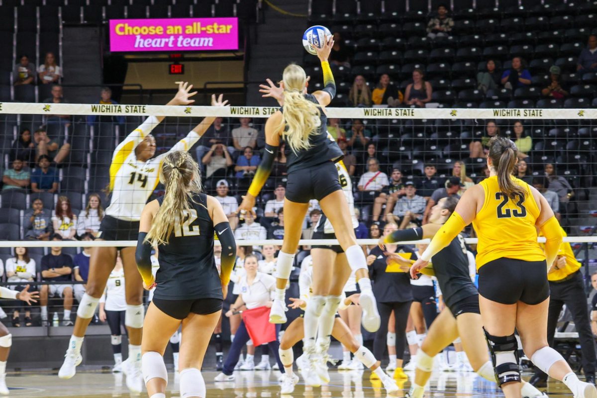 Sophomore middle blocker Allie Paulsen pushes the ball over the net on Aug. 29. Paulsen ended the game with a career-high seven kills.