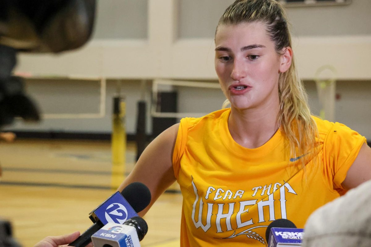 Senior outside hitter Emerson Wilford answers questions after Wichita State's first practice on Aug. 4. Wilford averaged 2.10 kills per set on a .150 attacking percentage last season.