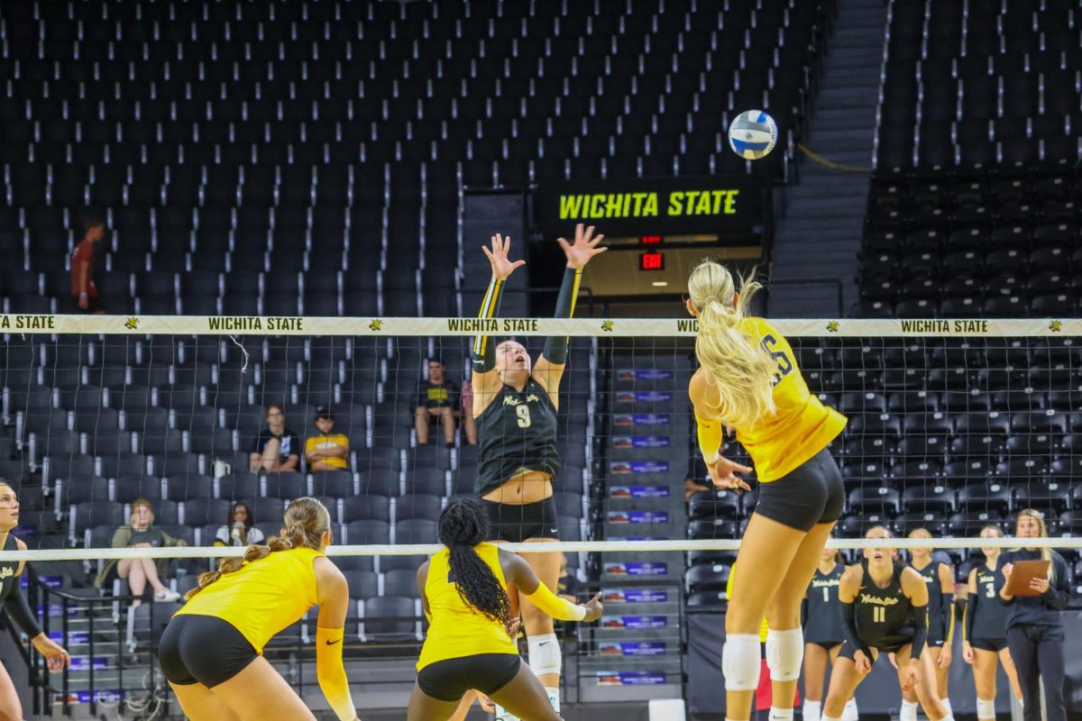 Sophomore middle blocker Allie Paulsen spikes the ball over the net. WSU volleyball held an intersquad scrimmage on Aug. 23.