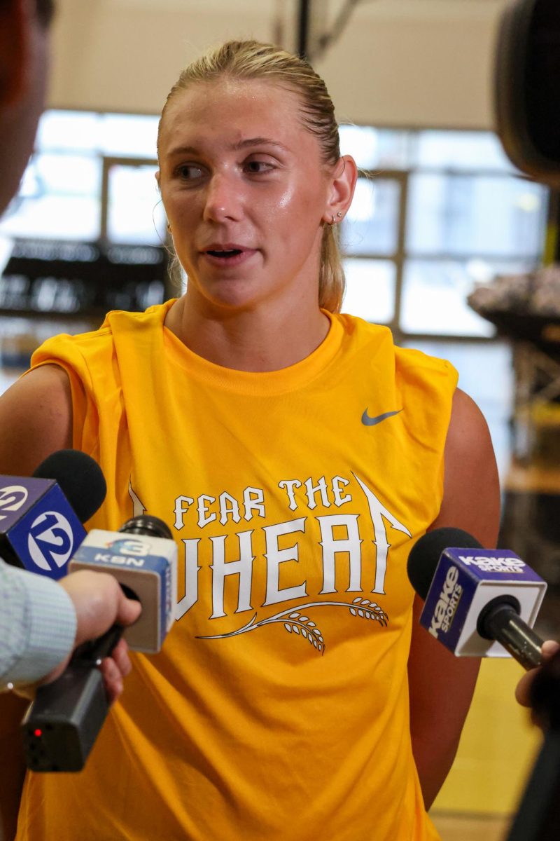 Senior outside hitter Brooklyn Leggett answers a question on Aug. 4. Leggett is in her third year with the Shockers after transferring from Colorado Mesa, an NCAA Division II school.