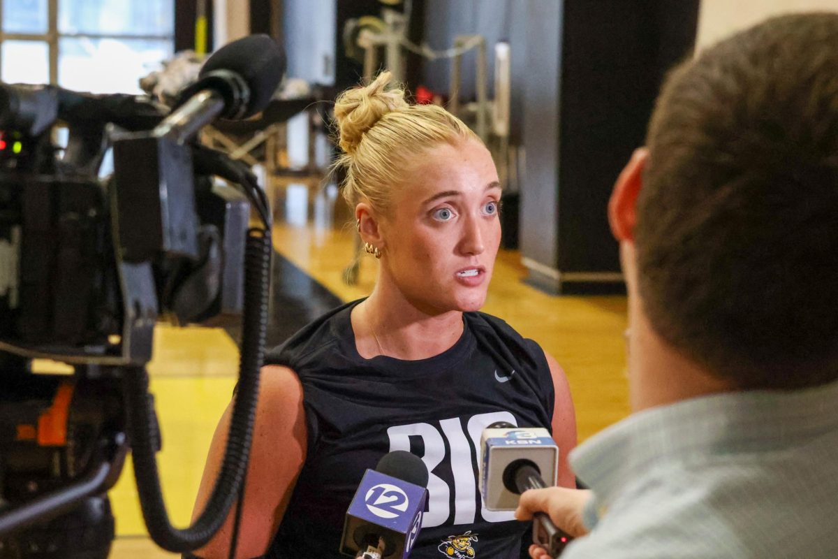 Senior libero Katie Galligan answers questions from reporters on Aug. 4. Galligan recorded 2.98 digs per set last season, first on the team.