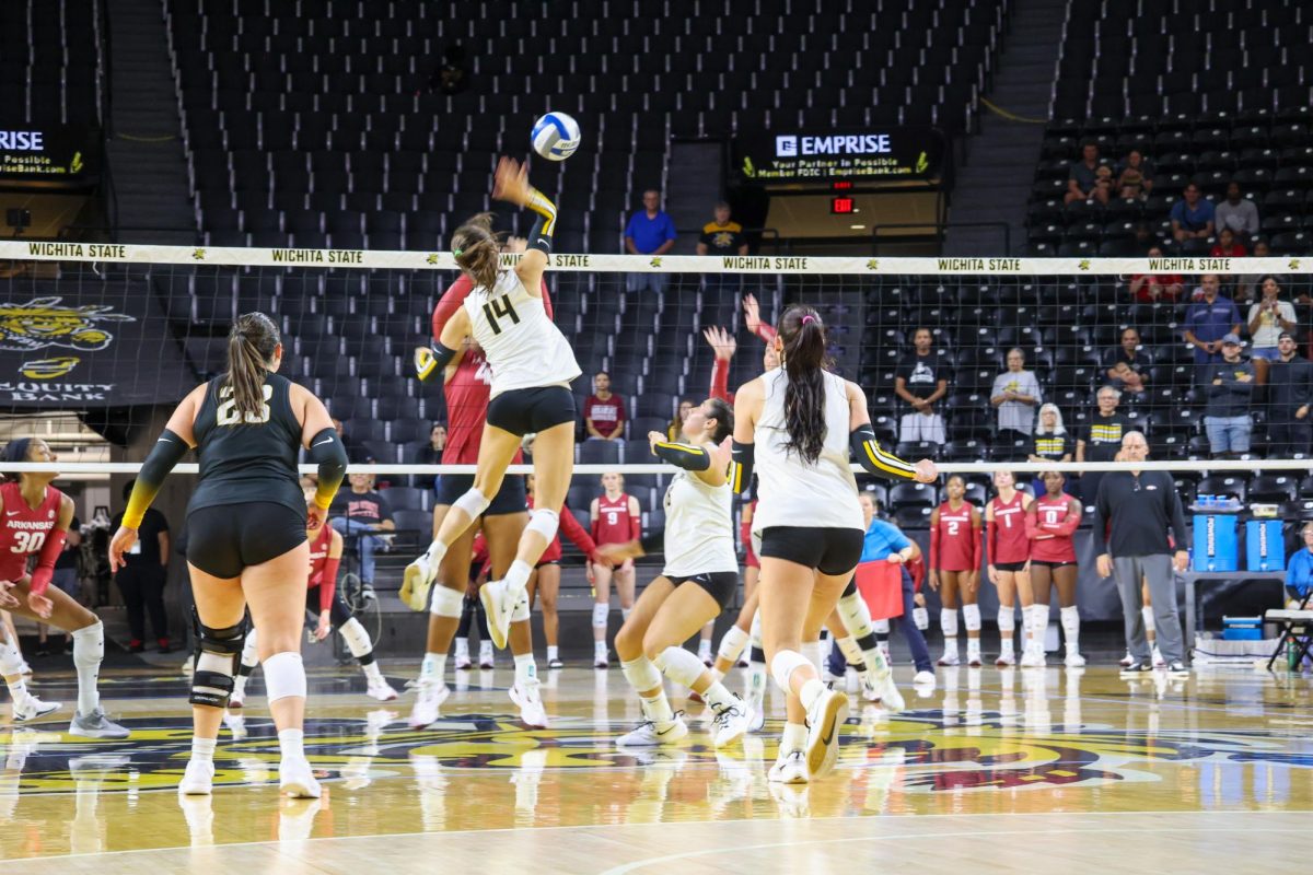 Junior middle blocker Maddie Wilson goes to spike the ball against Arkansas. Wilson hit .500 for nine kills in the Aug. 31 win.