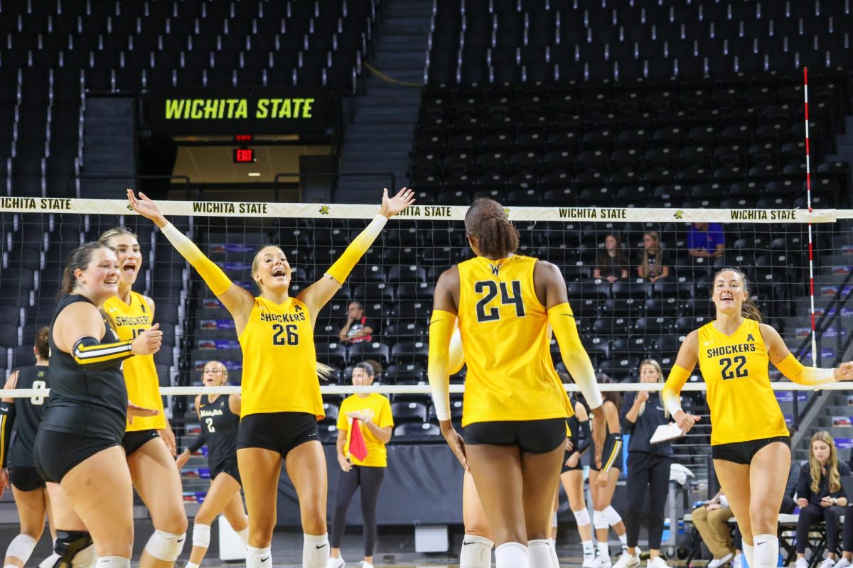 Sophomore middle blocker Allie Paulsen celebrates after the Yellow team scores a point in WSU volleyball's Black and Yellow scrimmage. Paulsen is one of two Wichita natives on the team.