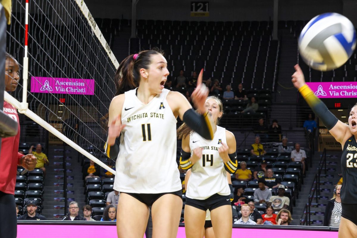 The Shockers yell that ball is bounced out of bounds on Aug. 31. Wichita State beat Arkansas, 3-2.