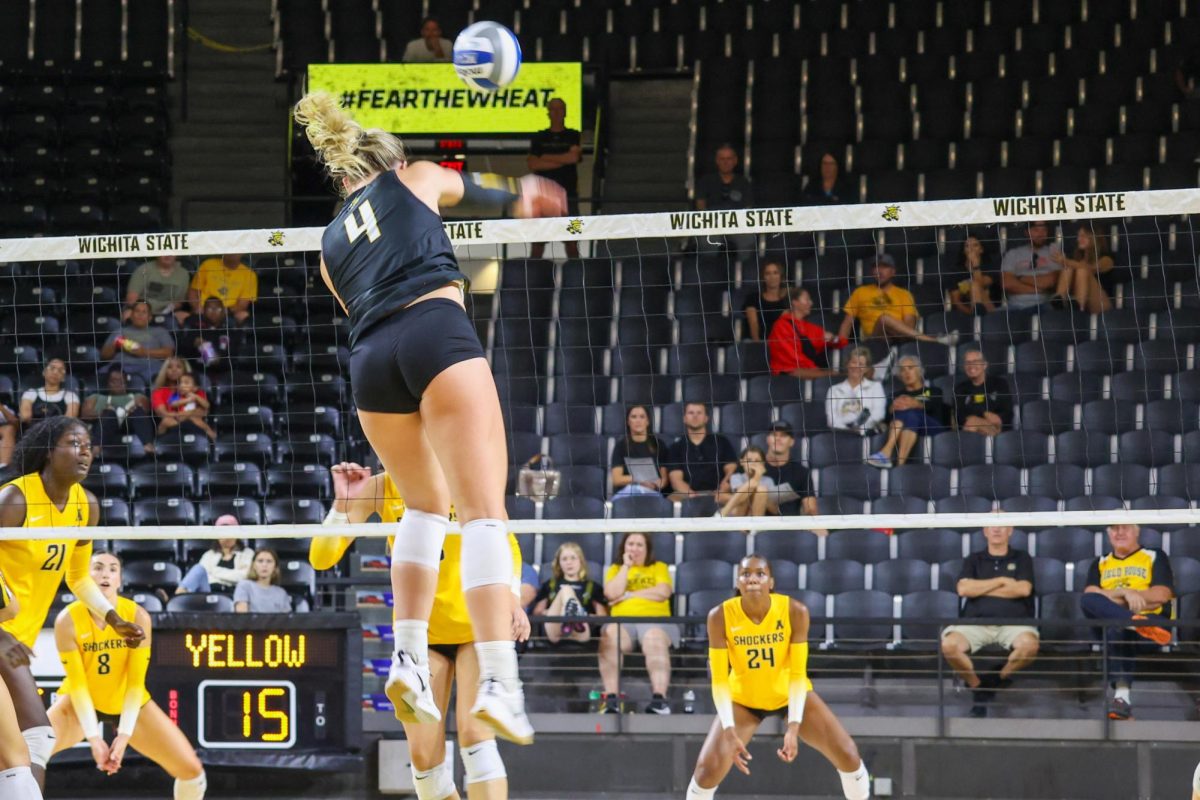 Senior outside hitter Brooklyn Leggett spikes the ball over the net on Aug. 23. Leggett made 266 kills last season, most of any returner.