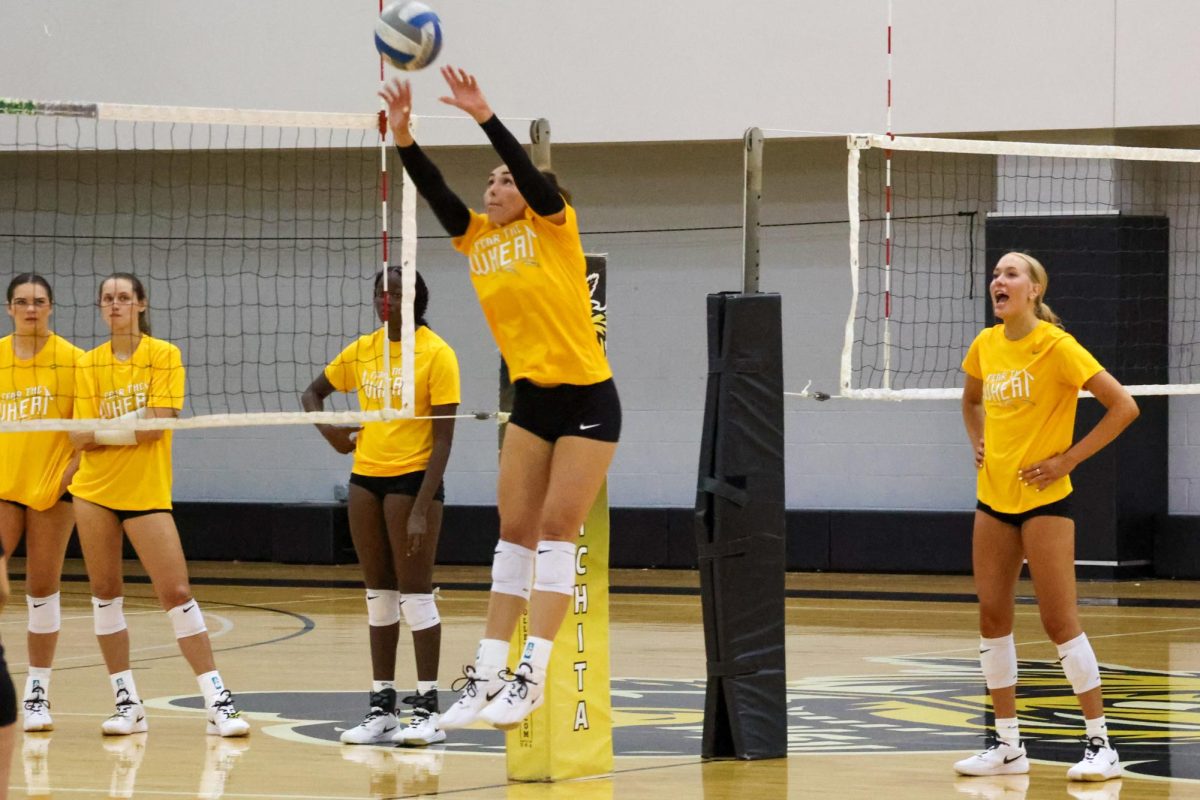 Junior setter Hannah Hawkins sets the ball at practice on Aug. 4. Hawkins transferred to Wichita State over the offseason from High Point in North Carolina.