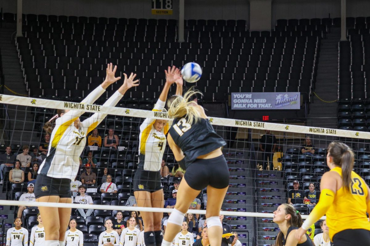 Senior outside hitter Emerson Wilford spikes the ball on Aug. 29. Wilford ended the game against Kennesaw State with three kills.
