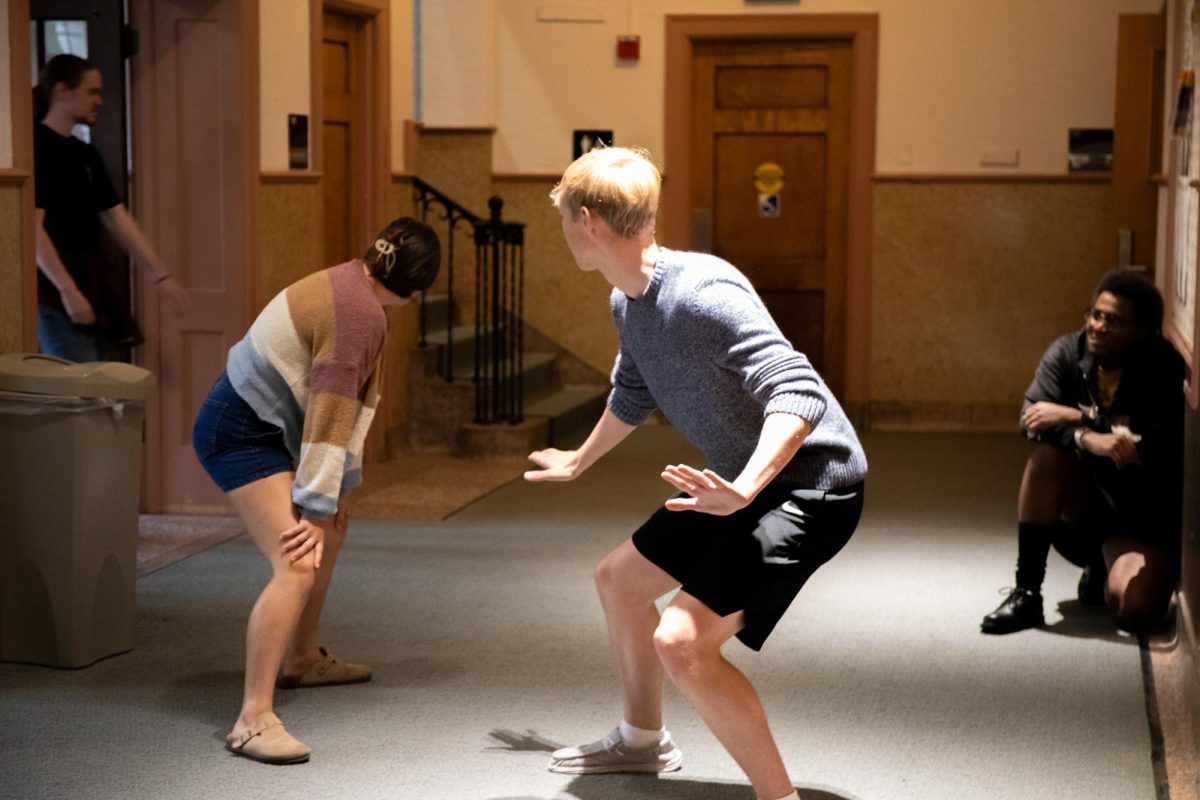 Sophomore Sebastian McGinty-Kinderknecht chooses the "Spider-Man" pose for a game of "Night at the Museum."