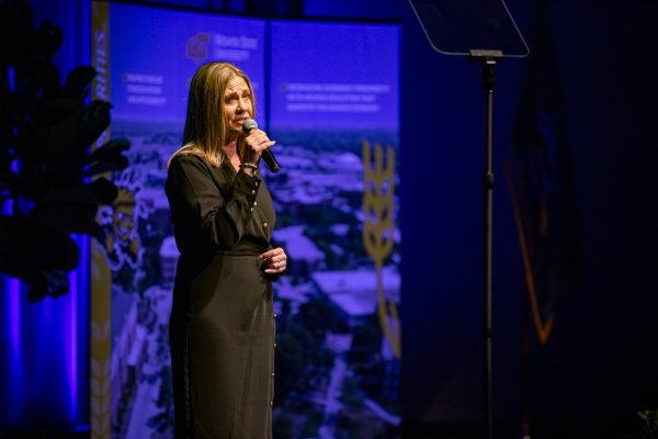 Provost Monica Lounsbery speaks to the audience about plans for the future of the university. Lounsbery took over as the provost and executive vice president in January of 2025.