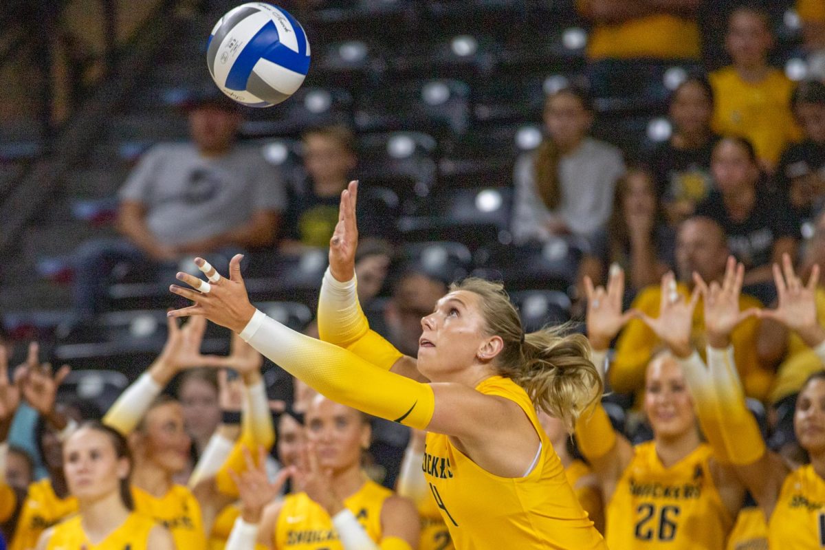 Senior Brooklyn Leggett serves the ball on Sept. 16. Three different Wichita State players made service aces in the loss to No. 17 Kansas.
