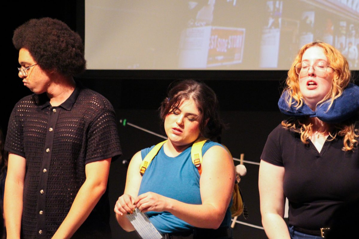 Members of the cast during "Homeschooler you meet on a layover at The O'Hare Airport in Chicago in 2025." The audience was given a list of the 26 short plays that would be performed in both act one and two based on audience direction.