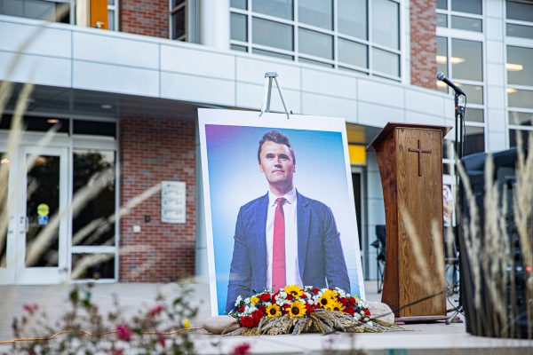 A picture of Charlie Kirk sits on the RSC East Patio on Sept. 16. Kirk was killed at Utah Valley University the previous week.