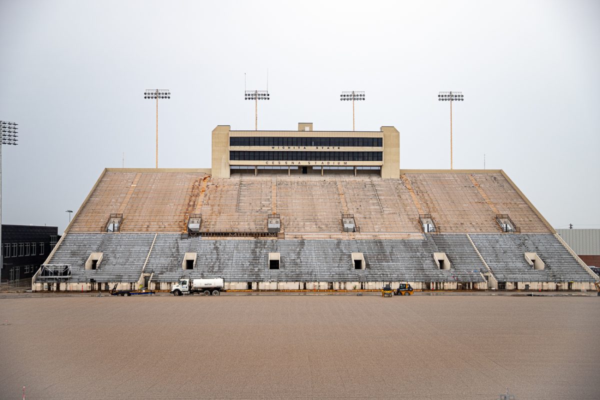 The Cessna Stadium main stands. The stands will be rebuilt as the final phase of the University Stadium renovation.