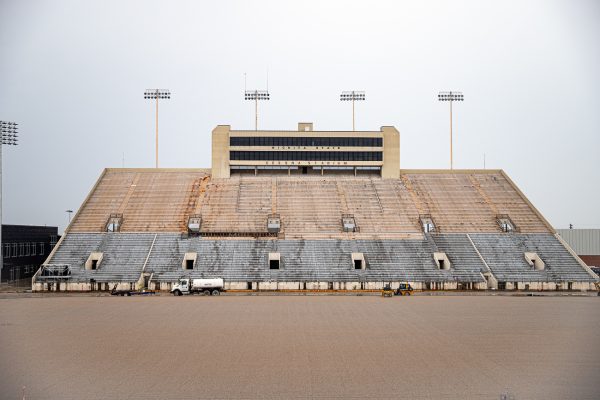 The Cessna Stadium main stands. The stands will be rebuilt as the final phase of the University Stadium renovation.