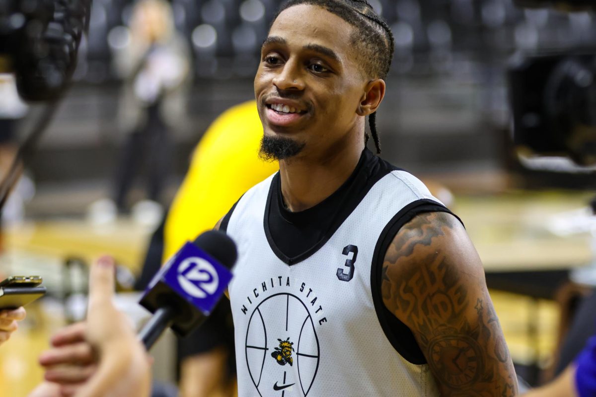 Guard Dre Kindell talks with the media after open practice on Sept. 18. The 2025-26 season will be Kindell's first at Wichita State after transferring from Barton Community College.