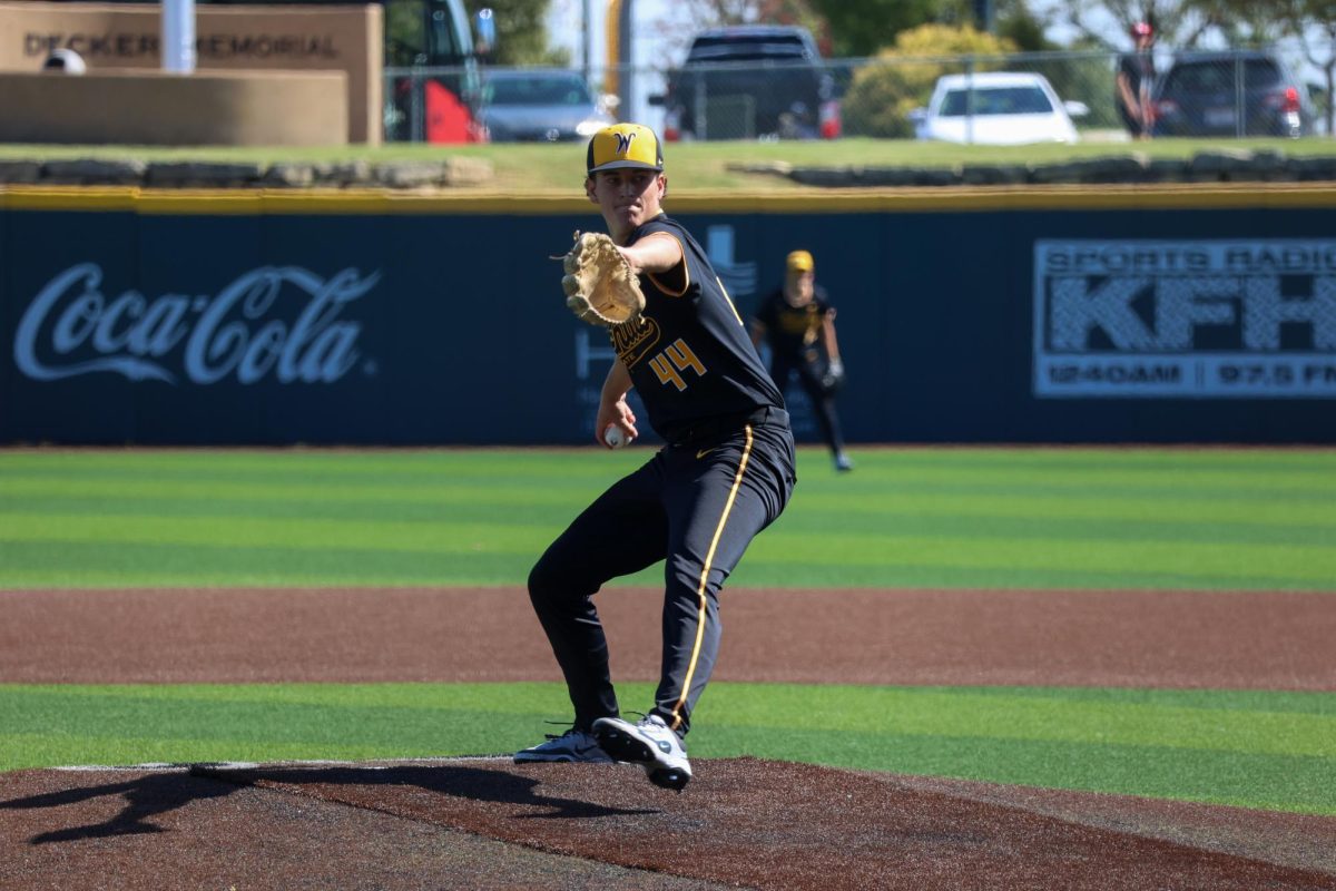 Junior Brady Hamilton (44) winds up to throw a pitch against Nebraska on Saturday, Sept. 27, 2025, at Eck Stadium in Wichita, Kansas. Hamilton has pitched in 34 games during his career at Wichita State.