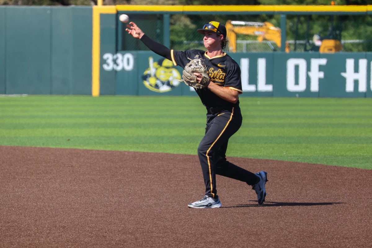 Junior Zeb Henry (1) tries to throw out a Nebraska runner during a game at Eck Stadium in Wichita, Kansas on Saturday, Sept. 27, 2025. Henry made 13 starts in 23 games as a sophomore at Wichita State.
