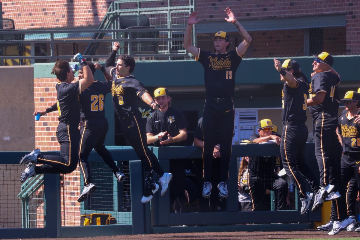 Wichita State's baseball team celebrates a home run by junior Jack Quick (19) during a game against Nebraska at Eck Stadium on Saturday, Sept. 27, 2025. Quick hit 19 home runs last season for Andrew College in Cuthbert, Georgia.
