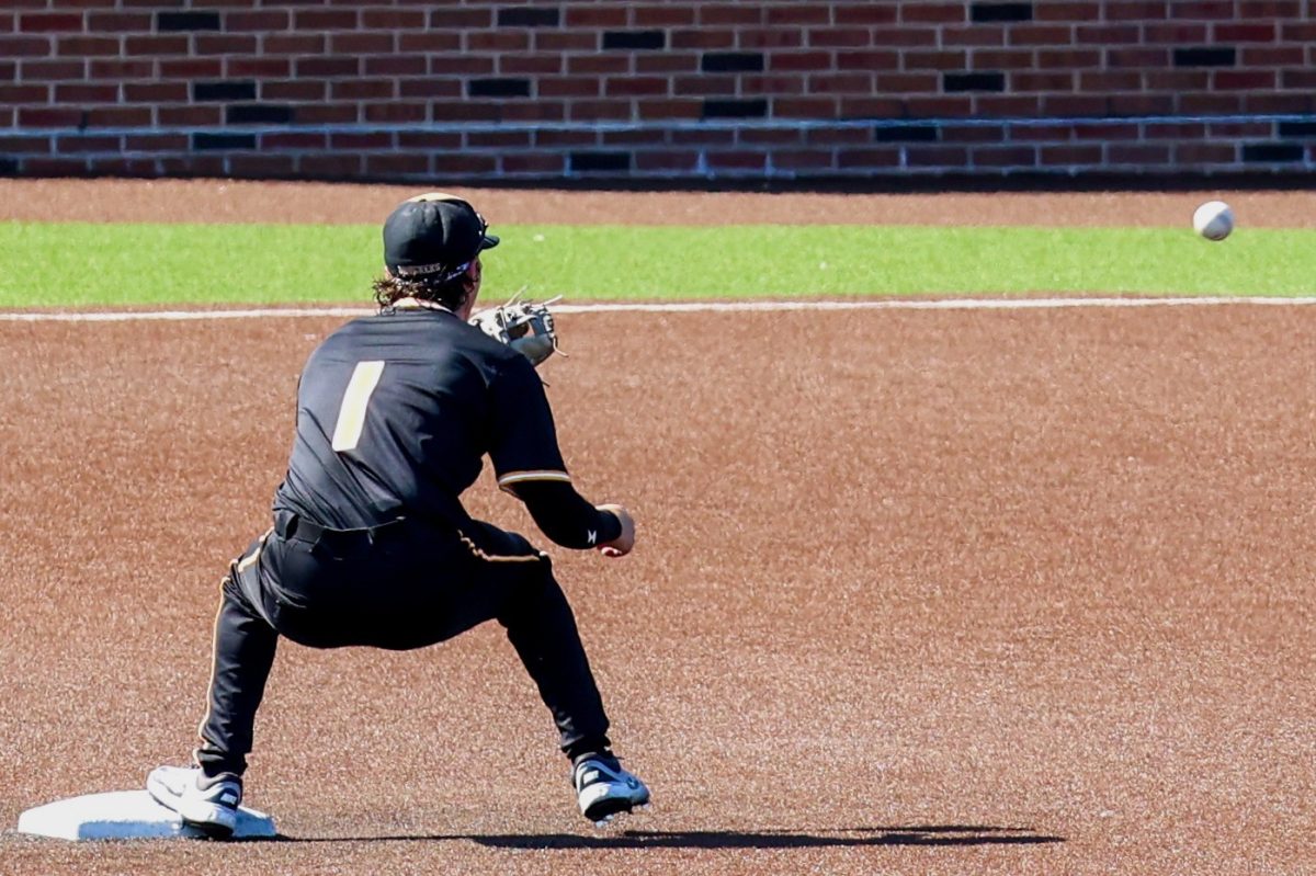 Junior Zeb Henry (1) prepares to make a force out at second base during a game against Nebraska at Eck Stadium in Wichita, Kansas on Saturday, Sept. 27, 2025. Henry made 15 put outs last season for Wichita State's baseball team.