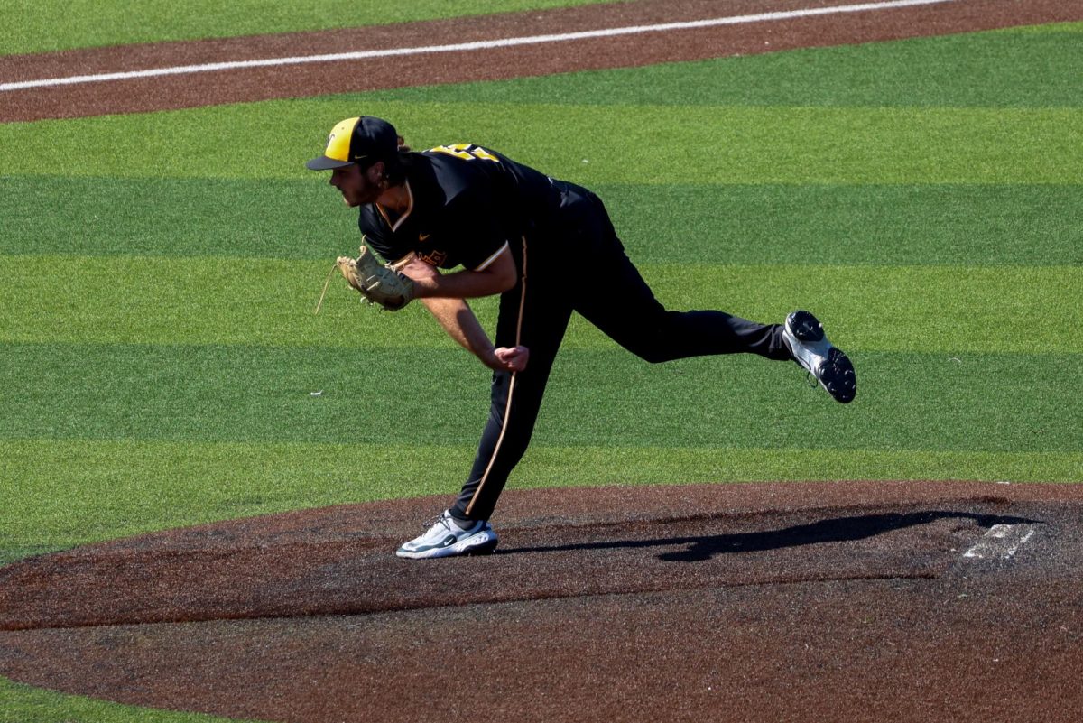Senior pitcher Karsen Richard (29) throws a pitch against Nebraska on Saturday, Sept. 27, 2025, at Eck Stadium in Wichita, Kansas. Richard is one of two returning pitchers on Wichita State's baseball team.
