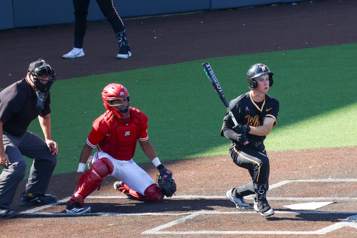 Junior Zeb Henry (1) fouls a ball off against Nebraska on Saturday, Sept. 27, 2025, at Eck Stadium in Wichita, Kansas. Henry hit .241 last season at Wichita State.
