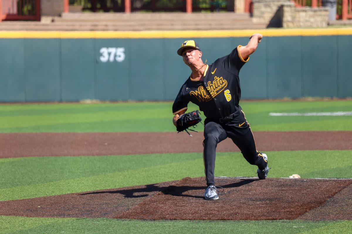 Freshman Ethan Rogers (6) throws a pitch against Nebraska on Saturday, Sept. 27, 2025, in Wichita, Kansas. Rogers was an MLB Draft pick out of high school but decided to come to Wichita State.