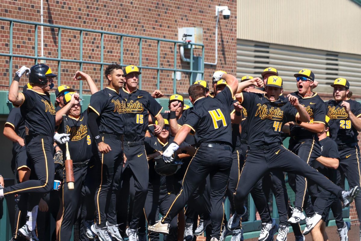 Wichita State baseball celebrates after senior Max Kaufer (14) hit a home run against Nebraska on Saturday, Sept. 27, 2025, in Wichita, Kansas. The Shockers played the Cornhuskers to open their fall-ball schedule.