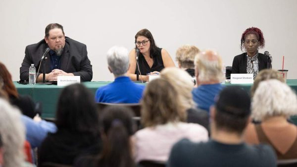From left, Brett Anderson, Maggie Ballard and Margaret Shabazz take part in a Wichita City Council District 6 candidate forum on Wednesday at the Evergreen Library. The event was hosted by the Wichita Journalism Collaborative. / The Wichita Eagle
