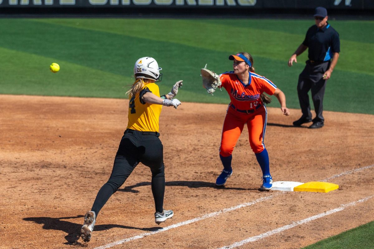 Wichita State softball graduate student Johnna Schroeder (4) runs to beat the throw at first base against McLennan Community College on Saturday, Oct. 4, 2025, at Wilkins Stadium. Schroeder's mom, Kristy, coached the Shockers' coach Kristi Bredbenner when Bredbenner was in college.