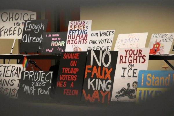 Wichita State's Young Democrats and the Sedgwick County Democratic Party displayed signs and art across the Rhatigan Student Center's Beggs Ballroom. The ticketed event held multiple speakers, a Q&A session and a VIP reception.