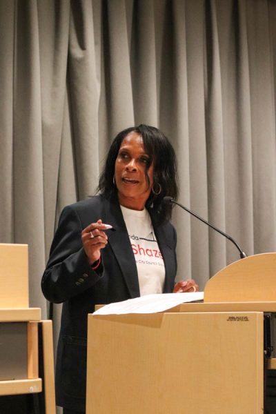 Wichita City Council candidate LeWanda DeShazer responds to a question regarding housing in District 1. The District 1 forum took place on Oct. 14. at Wichita State's Marcus Welcome Center.