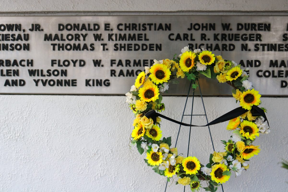 A sunflower wreath stands next to the memorial featuring the names of the lives lost in the 1970 Wichita State football team plane crash. WSU has held an annual event on Oct. 2 to commemorate the crash.