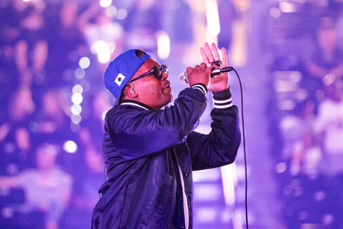 Artist Lupe Fiasco performs for attendees at Shocker Madness on Saturday, Oct. 4, 2025, at Koch Arena. Fiasco performed for around an hour and a half.