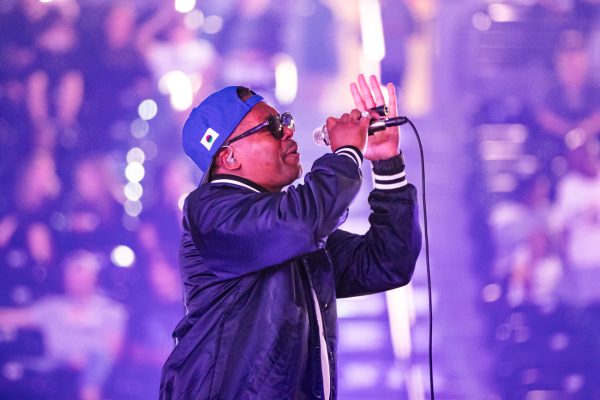 Artist Lupe Fiasco performs for attendees at Shocker Madness on Saturday, Oct. 4, 2025, at Koch Arena. Fiasco performed for around an hour and a half.