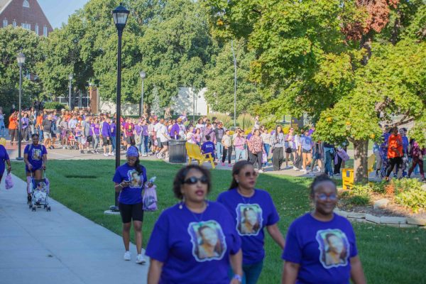 A crowd of 340 attends the 10th annual Puple Mile event. The event is a memorial walk for domestic violence victims.