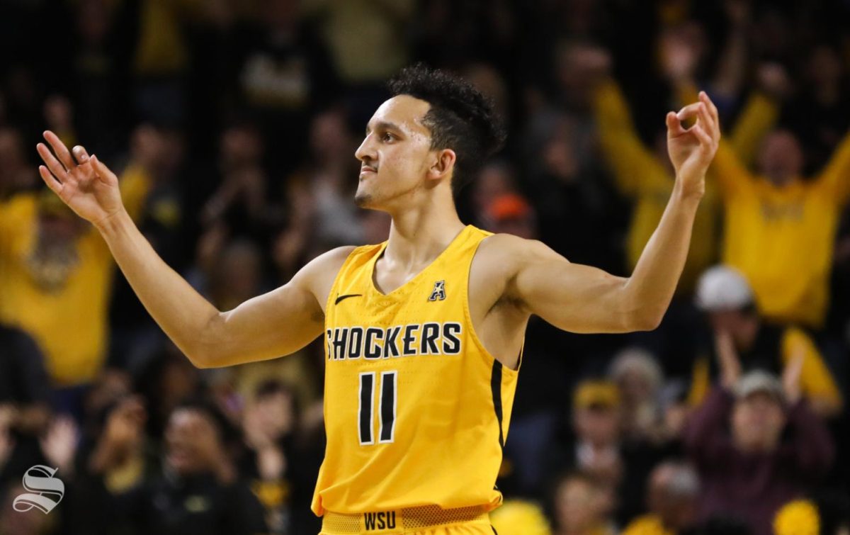 Landry Shamet celebrates a 3-point shot during a Shocker victory over Tulsa on Jan. 28, 2018. (File photo)