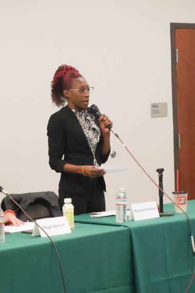 Candidate Margaret Shabazz speaks to viewers at Evergreen Library on Oct. 8