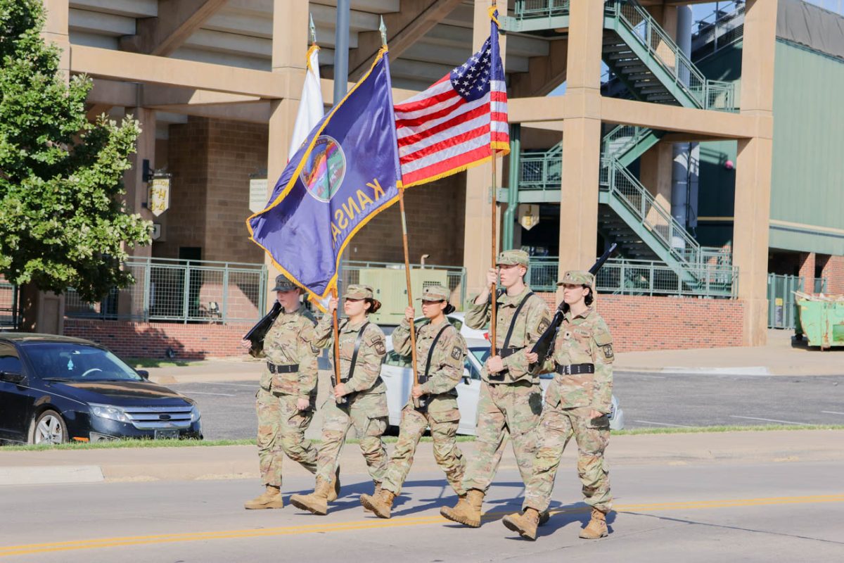 Members of the Wichita State Army ROTC program walk at the beginning of the Shocktoberfest parade on Oct. 4. The parade crossed part of campus, ending near Kock Arena for the start of Shocker Madness. 