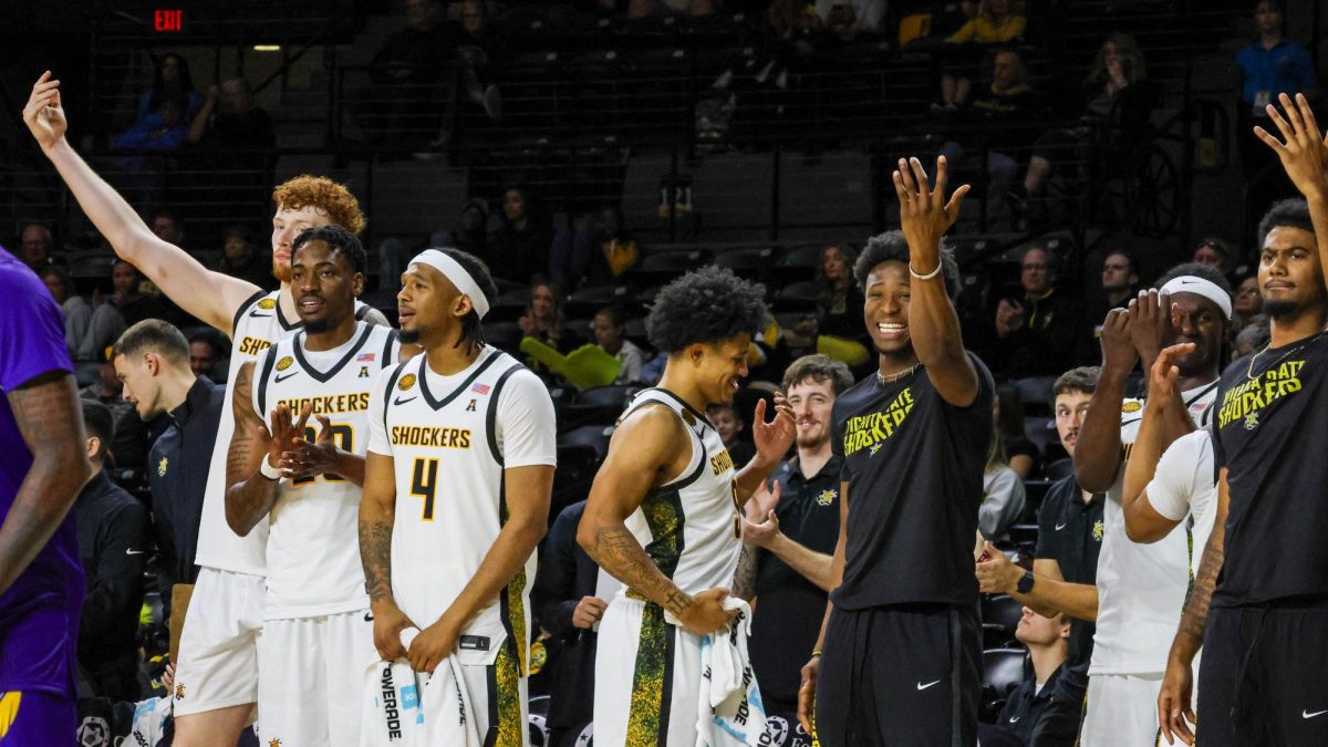 Wichita State's bench celebrates a made shot during a game against Prairie View A&M on Nov. 8. The Shockers scored 100 points for the first time since 2021.