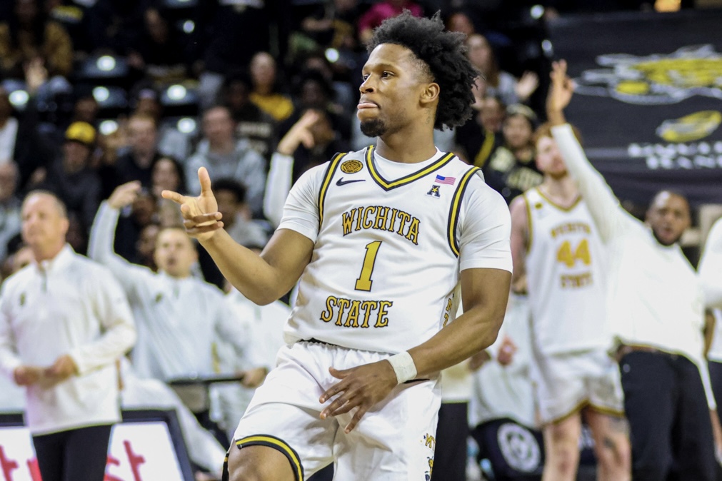 Wichita State men's basketball guard Kenyon Giles (1) celebrates after making a 3-pointer against Loyola-Chicago on Nov. 13. (File photo)