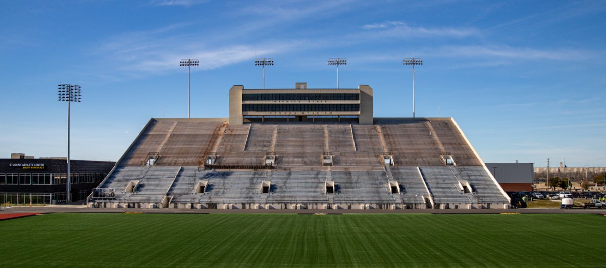The west stands at University Stadium (formerly Cessna Stadium) as of Dec. 10, 2025. The stadium has undergone renovations since June 2023. (File photo) 