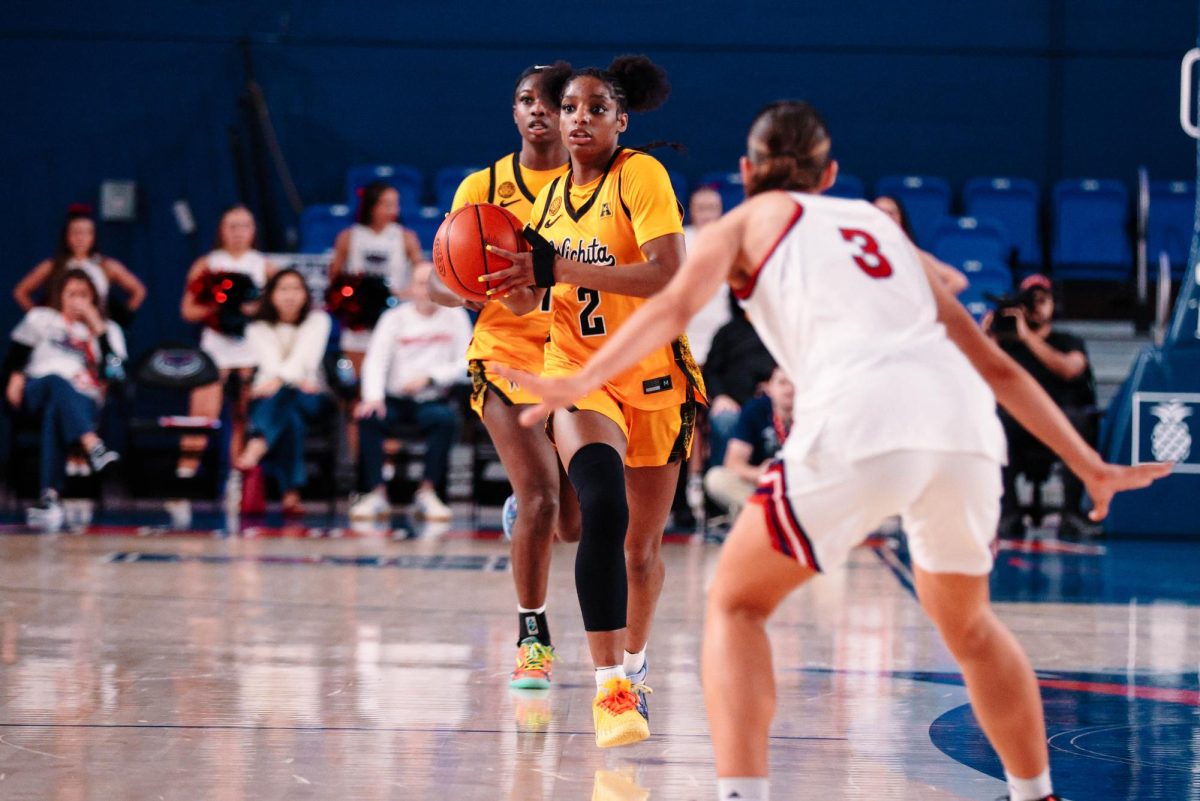 Wichita State women's basketball graduate guard Abby Cater (2) runs the fastbreak against Florida Atlantic on Jan. 13 at Elanor R. Baldwin Arena in Boca Raton, Fla. (Photo courtesy of Wichita State Athletics)