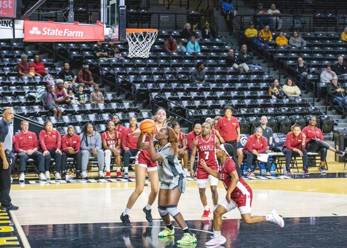 Wichita State women's basketball senior forward Maimouna Sissoko (24) attempts a shot against the Temple Owls on Jan. 6. The Shockers lost, 70-50.