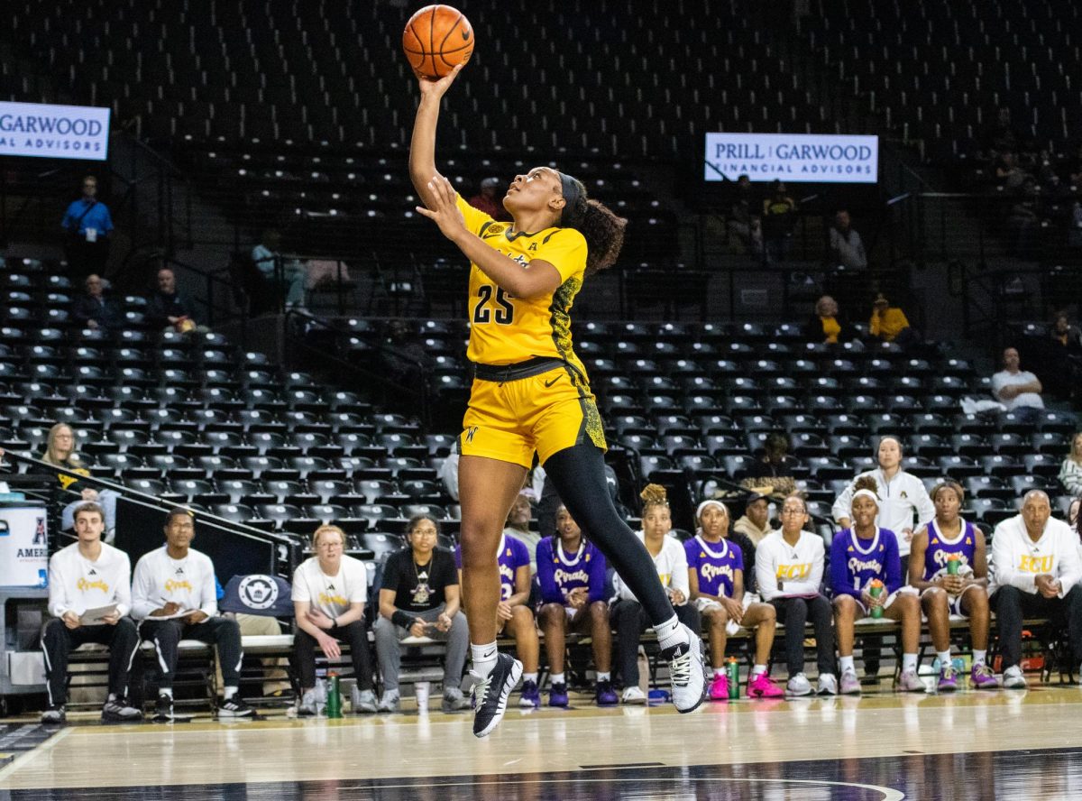 Wichita State women's basketball junior guard Karys Washington (25) attempts an open shot in the paint against the East Carolina Pirates on Jan. 10. Washington, a Coffeyville Community College transfer, appeared in her first game against ECU and scored seven points.