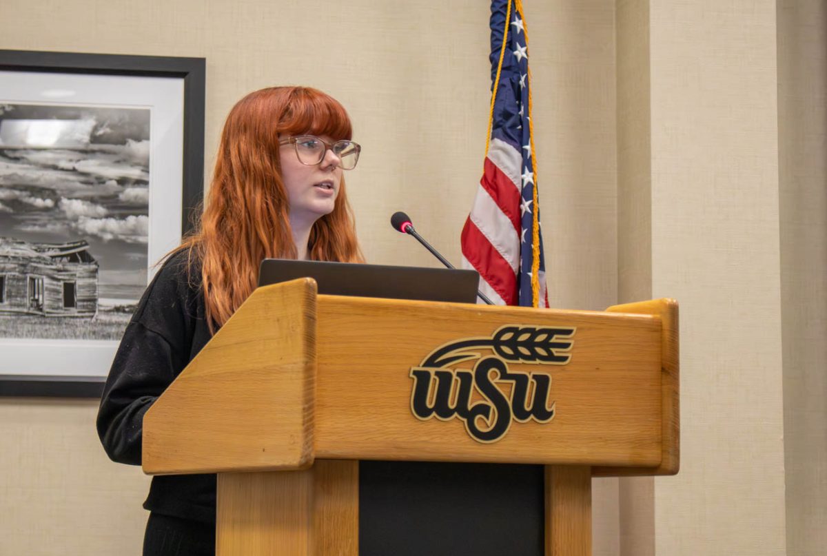 Kaylee Fritz, Chief of Staff, speaks to the Senate during the Oct. 15 weekly meeting. (File photo)
