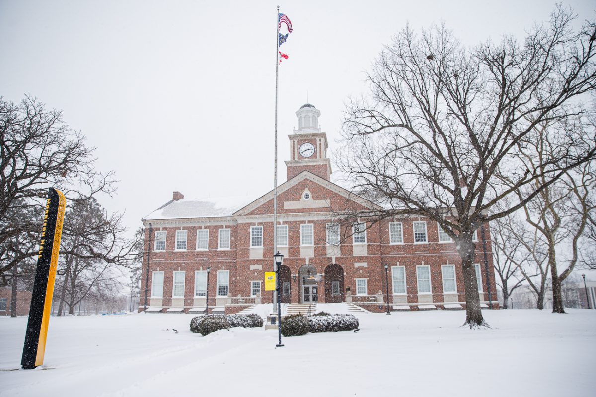A snow-covered Morrison Hall at Wichita State University on Jan. 24. The building is named after Nathan Morrison, the founding university president .