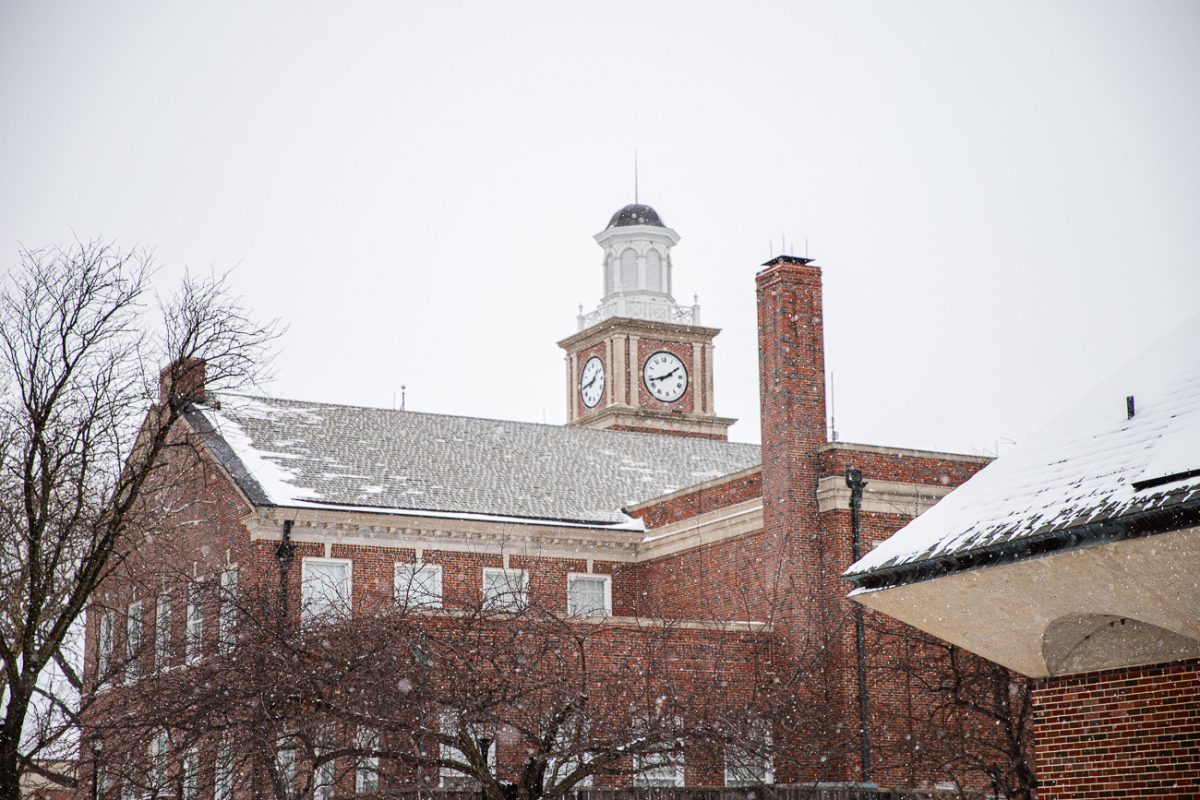 The McKinley Hall clocktower covered in snow on Wichita State's campus Jan. 24.