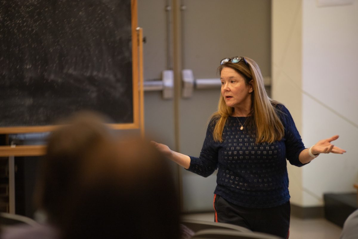 Liberal Art and Sciences Dean Sarah Beth Estes address an audience at the Feb 26 LAS Townhall. The focus of the townhall was small LAS departments merging into larger departments.