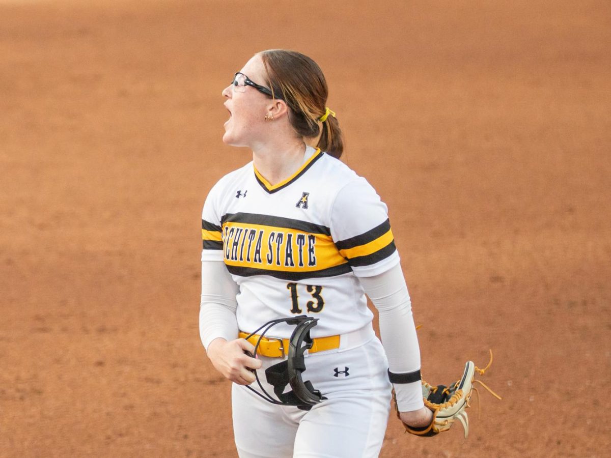Wichita State softball pitcher Ryley Nihart (13) screams after completing a run rule of East Carolina on April 11, 2025. (File photo)